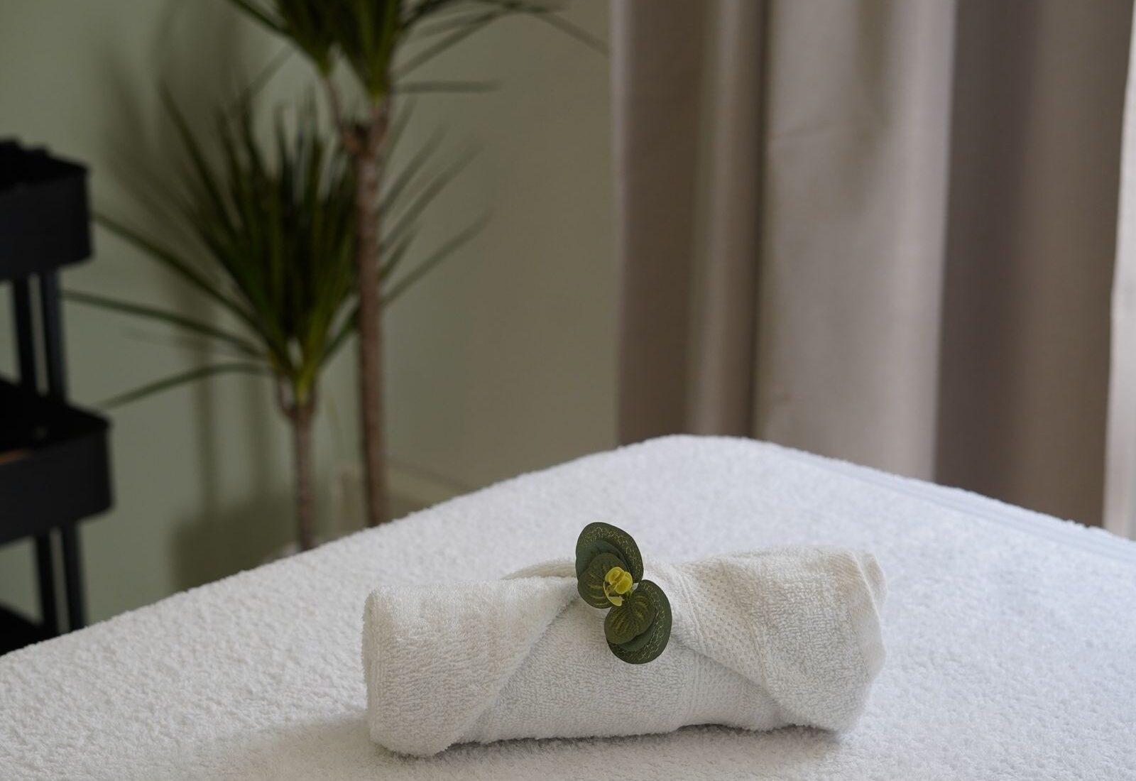 A rolled white towel with a small green sprig on a treatment table, with a leafy plant and soft curtains behind